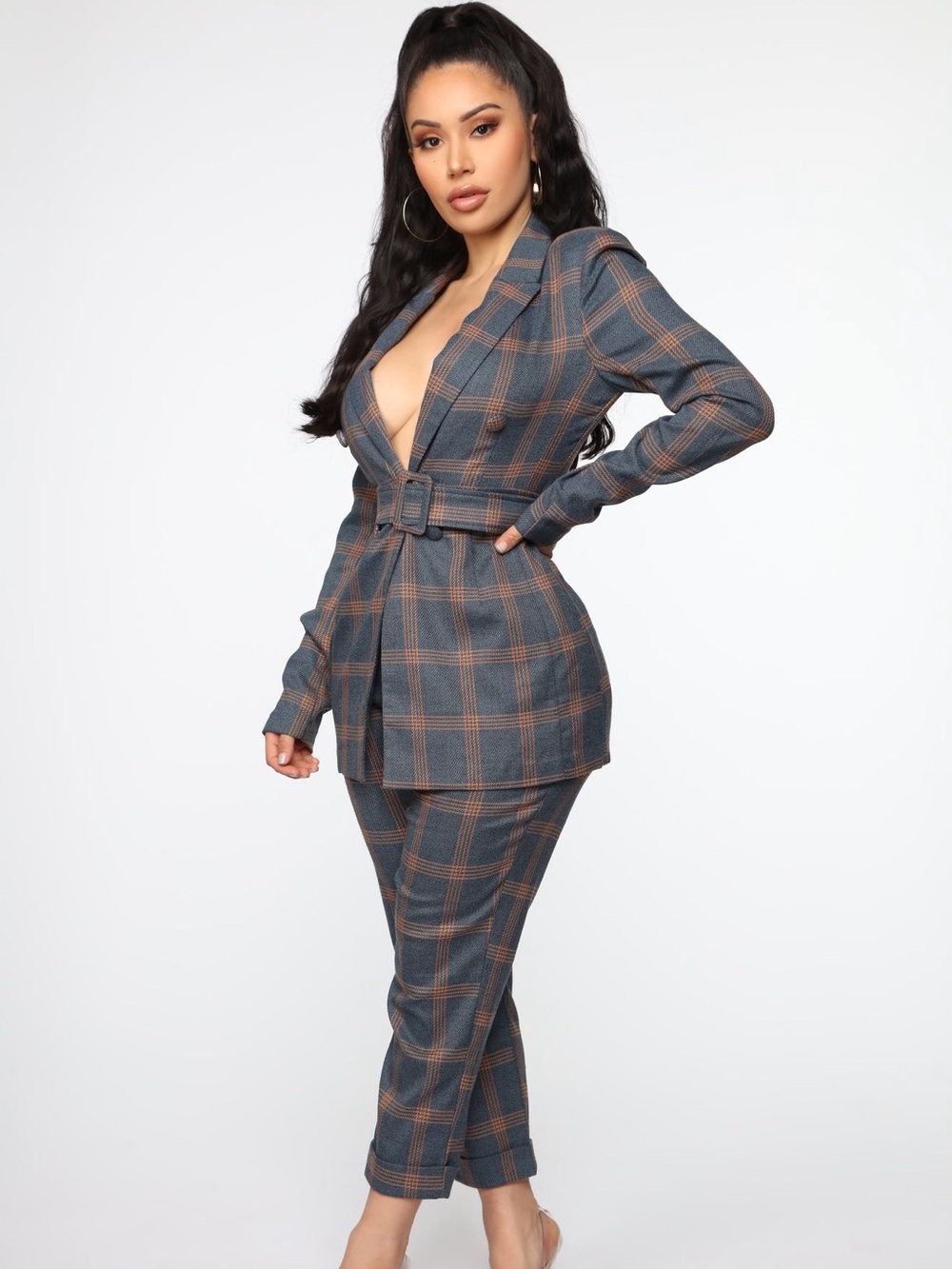 Fashion Nova Gray Plaid Belted Blazer & Cropped Pants